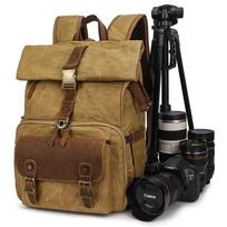 Large Capacity Waterproof Camera Bag for Outdoor Photography - European & American Style Shoulder Backpack, DSLR, Wax Dye Canvas. Khaki. Length 32cm x Width 18cm x Height 45cm chaki