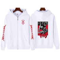 Karštas anime „Berserk Guts Print“ su gobtuvu, vyriškas, moteriškas, moteriškas „Manga“ gobtuvas su užtrauktuku, didelio dydžio megztinis „Harajuku Streetwear“ striukė su užtrauktuku XS balta