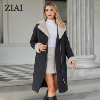 ziai Žieminė Moteriška Parka Kailinė Apykaklė Gobtuvo diržas Storas Šiltas Paltas Madinga Ilga Striukė Dygsniuotas paltas Moteriški drabužiai ZR-20695 S juoda