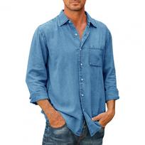 Men Vintage Shirt Long Sleeve Lapel Blouse Breathable Loose Fit Single-breasted Shirt Comfortable Casual Solid Color Tops M mėlyna