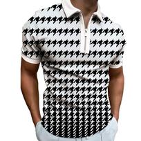 Vyriški trumpomis rankovėmis POLO marškinėliai su užtrauktuku, marginti juodai-baltu „houndstooth“ raštu S balta