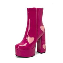 Aukštakulniai Ankle Boots Moterims Širdelė Platformos Batai Lakas Chunky Kulnas Botas Altas Saldžios Mergaitės Šoninis Užtrauktukas Batai Moteriški Kulnai 34 vyno raudonos spalvos