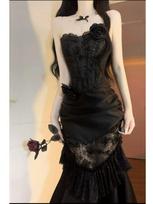 Vasarinis Elegantiškas Off-Shoulder Suknelė Be Petnešėlių Moterims Nauja Nėrinių Mozaika Su Išpjovomis Gėlių Rašto Drabužiai Nugaros Dalies Vakarinės Suknelės S juoda