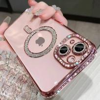 Prabangus Bling Kristalinis Objektyvo Plėvelės Telefono Dėklas iPhone 15 11 12 13 14 Pro Max Plus Magsafe Magnetinis Belaidis Įkrovimas Skaidrus Dangtelis For iPhone 11 rožinė