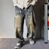 Džinsai su grafiti raštais, laisvi, vyriški, Y2K, vintažiniai, su dėmėmis, mėlyni, Harajuku, džinsinės kelnės, aukštosios mados, tiesaus kirpimo džinsinės kelnės XXXL