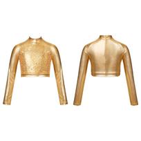 Vaikų Mergaičių Blizgučiai Blizgučiai Baletas Džiazas Modernus Hip Hop Šokiai Crop Top Golfo Kaklas Ilgomis Rankovėmis Šokių Apranga 5-6 Years auksas