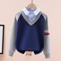 Boys' Fleece-Lined Knit Sweater: Thick, Fake Two-Piece Design for Spring/Autumn/Winter 160cm