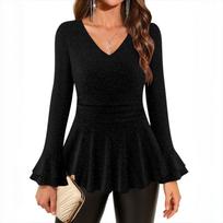 Women's Fashion Solid Color Round Neck Hem Elastic Sleeve Mid Sleeve Shirt T-shirt Top L juoda