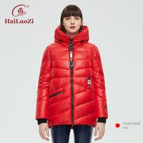 HaiLuoZi 2022 Nauja žieminė moteriška striukė šilta ir stora trumpa madinga užtrauktuku su gobtuvu aukštu kaklu Moteriškas Parka Moteriškas paltas 886 S raudona