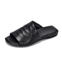 „Johnature“ lauko šlepetės moteriškos natūralios odos retro šlepetės Retro universalūs „Peep Toe“ rankų darbo plokščiapadžiai batai 39 juoda
