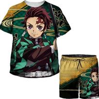 Vaikams Japonų Anime Demon Slayer 3D Spausdinimo Viršutiniai Drabužiai/Kelnės/Kostiumas Mergaitėms Kimetsu No Yaiba Tomioka Giyuu Animacinis Grafinis T-shirt Šortų Rinkinys 100
