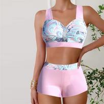 Moteriški maudymosi kostiumėliai Tankini 2 dalių maudymosi kostiumėlis, rožinis, lenktas gėlių raštas, atostogų maudymosi kostiumėliai S rožinė
