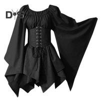 Moteriška suknelė ilgomis rankovėmis Viduramžių senovinė elfo fėjos kostiumas su varpelio rankovėmis Retro juosmens raižyta suknelė, skirta Helovinui XL juoda