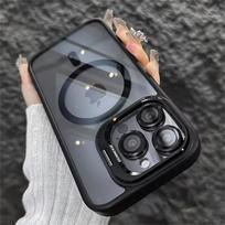 Madingas žiedinis stovo dėklas Magsafe, skirtas iPhone 15 14 13 12 11 16 Pro Max Plus magnetinis belaidžio įkrovimo dėklas su objektyvo apsauga iPhone 16 Pro Max juoda