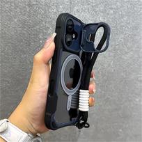 Šarvuotas saldainių spalvų derinys skirtas Magsafe telefono dėklui iPhone 11 15 14 13 12 16 Pro Max Plus su stovu ir riešo dirželiu telefono galiniam dangteliui iPhone 16 Pro Max juoda