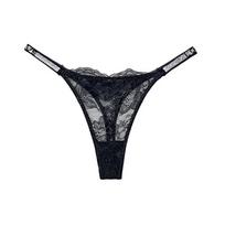 Seksualios kelnaitės stringai moterims su raidėmis ir cirkoniais, G stygutės, žemo liemens, nėriniuotos, tamprios, stringų bikini apatinis trikotažas S juoda