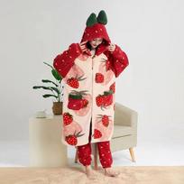 Moteriški Kawaii Flaneliniai žieminiai kimono naktiniai marškiniai, braškiniai, mielas namų apranga moterims, šiltas chalatas Animacinis filmas su gobtuvu, ilgas chalatas L