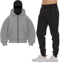 Dvigubas gobtuvas, kelnių komplektas, mados dizainas, balaklava, veido kaukė, užsegamas gobtuvas, vyriškas, moteriškas, gatvės stilius, tendencija, hip hopo stiliaus džemperis, paltas S