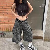 Krovinių kišenės kamufliažinės Baggy Jorts moteriškos klostytos Pintuck laisvos laisvalaikio aukštakulnės džinsinės kelnės Harajuku Retro kelnės S gray