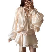 Women's Ruffle V Neck Mini Dress Long Sleeve Spliced Lace Up Dress L abrikosas