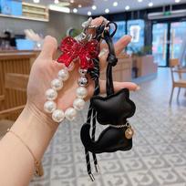 Yogodlns Elegantiškos katės formos PU odos rankinės pakabukas Meninio stiliaus virvelė Moteriškos maksimalistinės rankinės kuprinės pakabuko ornamentas one size juoda