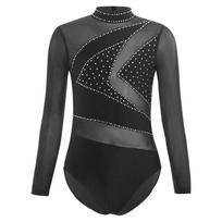 Mergaičių blizgantis gimnastikos triko su kalnų krištolu, ilgomis rankovėmis, perregimas tinklelis, pasirodymo viršus, iškirpta nugaros dizainas dailiajam čiuožimui 9-10 Years juoda