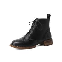 2024 Autumn Winter Women Ankle Boots Office Ladies Casual Round Toe Low Heels Cross-Tied Genuine Leather Platform Shoes Woman 34 juoda