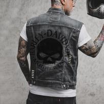 Vyrų pavasario ir rudens nauja gatvės liemenė be rankovių motociklo asmenybės kaukolės raštas, punk vėjo skylė, džinsinė liemenė S tamsiai pilka spalva
