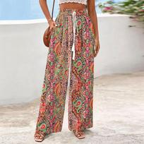 Women's Wide-Leg Casual Flowy Floral Print Pants L mėlyna
