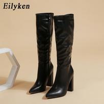 Eilyken Fashion Moteriški batai iki kelių Smailia nosimi Užtrauktukas Stambūs aukštakulniai Batai Rudens žiema moteriški ilgaauliai avalynė Batai 35 juoda