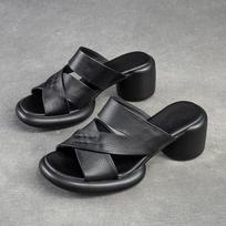 „Johnature Hollow Out“ kvėpuojančios aukštakulnės šlepetės Natūralios odos „Peep Toe Casual Slides“ Universalūs moteriški batai 40 juoda