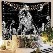 Gothic Skull Gobelenas Juodai baltas Skeletas Gobelenas Sienų pakabinimas Miegamojo hipių akims Boho namų dekoras Trippy Moon Cloth 95x73cm
