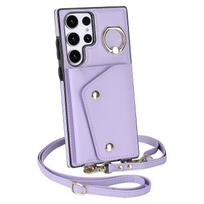 Žiedo laikiklis Crossbody Odinis piniginės dėklas, skirtas Samsung Galaxy S23 Ultra S22 Plus S21 FE A14 A54 A53/iphone 14 13 12 11 Pro Max Card Solt Lanyard Cover iphone 13promax violetinė