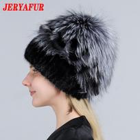 JERYAFUR Moteriška natūralaus audinės kailio kepurė Lapė Pompom Triušio Gėlės Stilingos Šiltos Mados Merginos Tikro Kailio Žieminė Kepurė Megzta