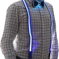 Vyriški LED kelnaitės ir peteliškės kombinezonas – šviesios vyriškos kelnaitės – švytintys vakarėlių drabužiai, raivo apranga Straps + Bow Tie mėlyna
