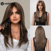 HAIRCUBE Ilgi tiesūs sintetiniai perukai Rudos spalvos mišrios baltos spalvos plaukų sluoksniuotos perukai juodoms moterims karščiui atsparūs Cosplay perukai