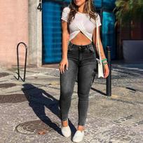 Moteriškos mados Skinny Slim Fit Cargo džinsai Laisvalaikio aukšto juosmens džinsinės ilgos kelnės L juoda