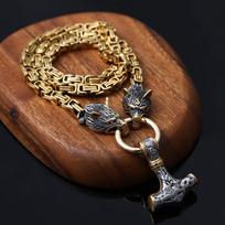 Skandinavų mitologija Vikingų Vilko Galva Thoro Plaktukas Pakabukas Karoliai Auksinė Bizantijos Imperatoriaus Grandinėlė Nerūdijančio Plieno Papuošalai 60CM