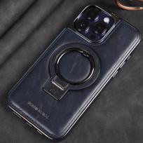 Magnetinio laikiklio telefono dėklas, skirtas iPhone 16 Pro Max 15 14 Pro 13 12 Smūgiams atsparus metalinis žiedas prabangus verslo oda, skirtas Magsafe apvalkalo dangčiui iPhone 15 tamsiai mėlyna spalva