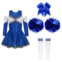 Palūkanų kostiumas merginoms  Cheer Leader Sequins  Suknelių rinkinys ilgomis rankovėmis su pomomis Helovino gimtadienio vakarėliu 9-10 Years