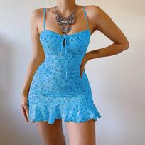 Moteriška pavasario/vasaros „Camisole“ mini seksuali, gėlėta, iškirpta krūtinės suknelė. L mėlyna