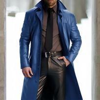 Nauji vyriški atvartelių spalvos vėjo striukė Slim Fit Odinis ilgas PU odinis paltas Vyriški COSPLAY drabužiai 5XL mėlyna