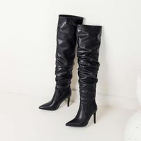 lenkisen PU rudeniniai žieminiai batai smailiais pirštais Super Stiletto aukštakulniai žirgų batai klostuoti išlaiko šilumą Madingi batai virš kelių 34 juoda