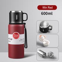 Didelės talpos nerūdijančio plieno termosas, nešiojamasis vakuuminės kolbos izoliuotas stiklainis su virviniu termo vandens buteliu 600/800/1000/1500ml 600ML vyno raudonos spalvos