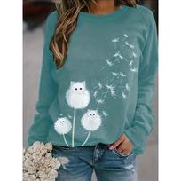 Fashion Cute Cat Dandelion Sweatshirts Floral 3D Print Women New Crew Neck Hoodies Long Sleeve Y2k Pullovers Top Female Clothing S