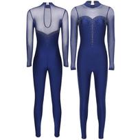 Moterų gimnastikos triko „Unitard“ vienetinis ilgomis rankovėmis blizgantis kalnų krištolas viso ilgio kombinezonas, dailiojo čiuožimo kombinezonas katės M juoda