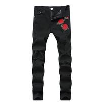 Vyriški šviesiai mėlyni, su siuvinėta rože, plyšyti, slim fit, tampri džinsai 1855; 33 juoda