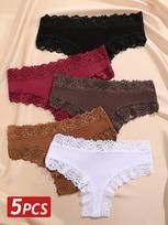 5 vnt./rinkinys Moteriškos medvilninės kelnaitės Seksualios nėrinėtos Brazilijos kelnaitės Žemas juosmuo Elastingos stringai Moteriški patogūs apatiniai Vienos spalvos S-XL S&5pcs