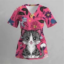 Matte Medical Uniform Pink Ribbon Cat Pattern Women's Uniform V-neck Short Sleeve Top with Pocket Women's Matte S
