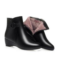 2025 New Autumn Winter Warm Short Boots Women Black Solid Ankle Boots For Heel Zip Point Toe Fleece Wedge Mother Cotton Shoes 35(Foot22.5cm) juoda
